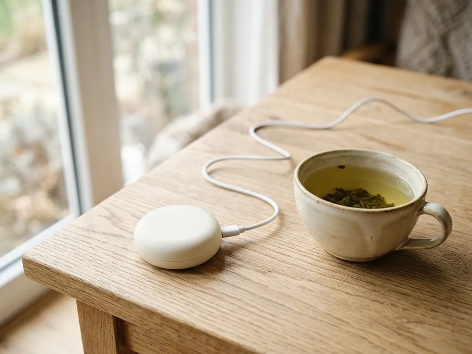充電ケーブルにつながった、小さな丸い温熱器具のイメージとお茶