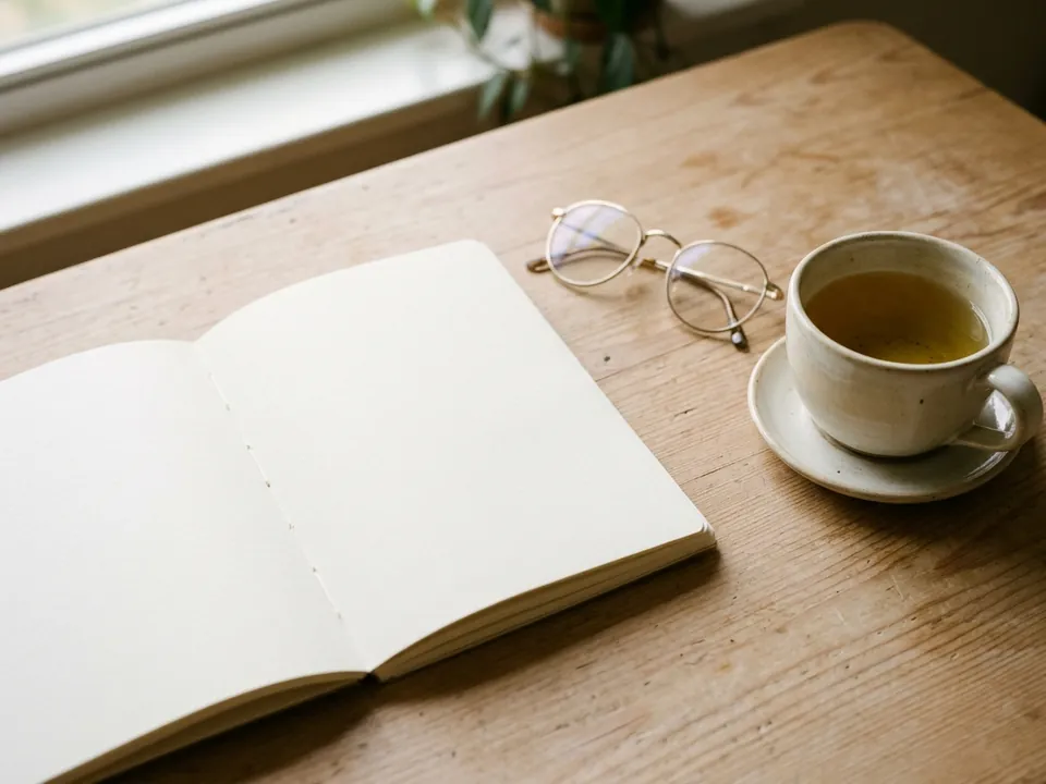 白紙のノートと眼鏡、お茶が置かれた木の机